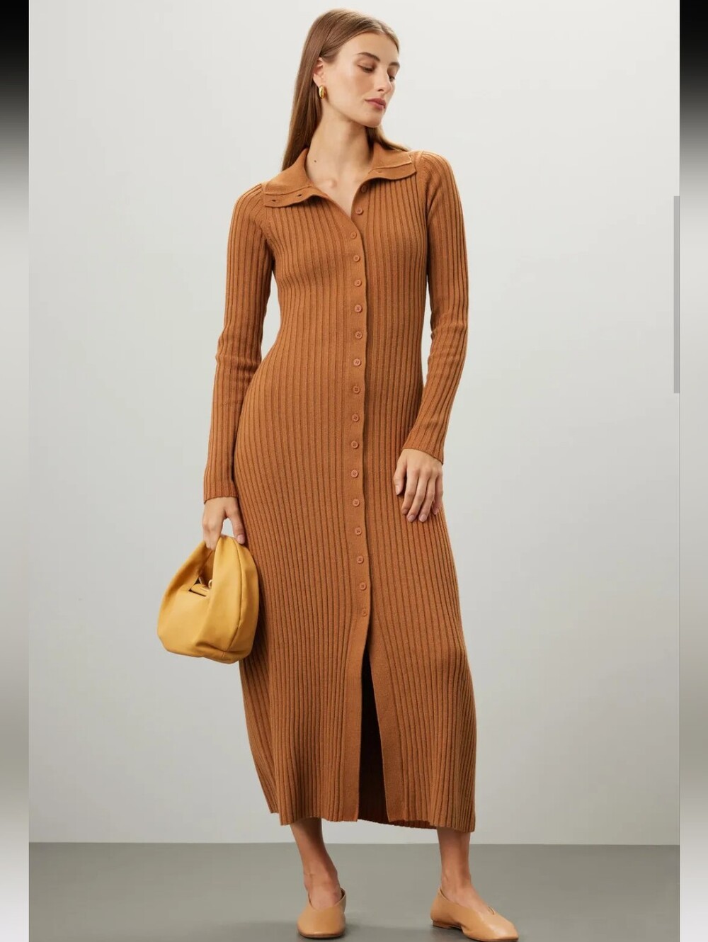 Thakoon Camel Ribbed Midi Cardigan Dress Size M